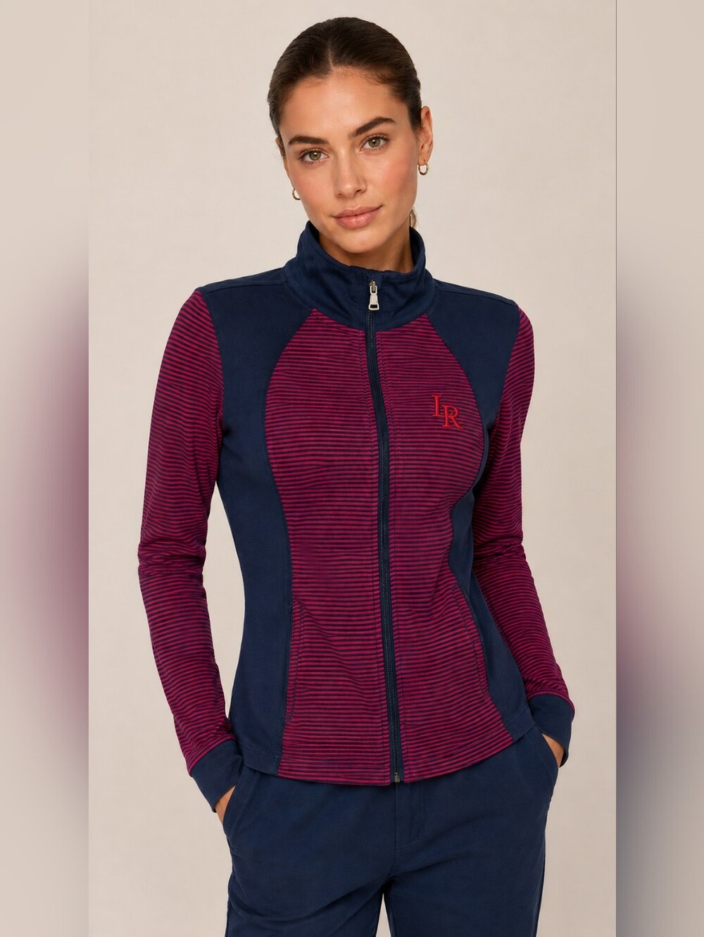 Lauren Ralph Lauren Navy Burgundy Stripe Zip-Up Jacket Large